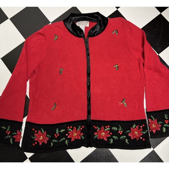 Vintage Tiara International Christmas Sweater Pointseta Cardigan XL Granny Glam - Picture 2 of 12